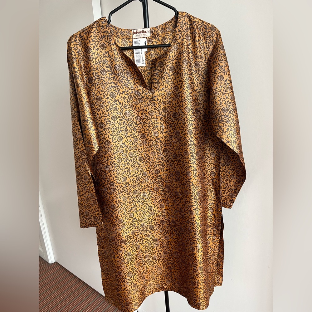 Fabindia Kurta tunic top mustard & purple floral 100% handwoven silk - Medium